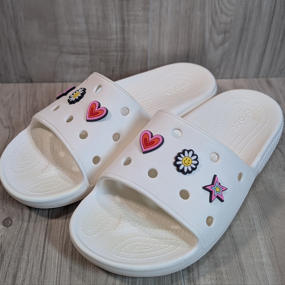 CROCS Classic Slides Womens Sz 8 Bright White Charms Unisex